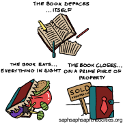 Digital comic of the Book defacing itself, eating everything in sight and closing on a prime piece of property. 