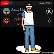Digital drawing of Lowe Forbes, holding a baseball and smiling in front of an endgame message where the underdog Jazz Hands won 10-0.