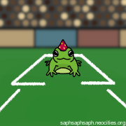 Digital drawing of Chorby Short, a frog wearing a witch hat, at bat.