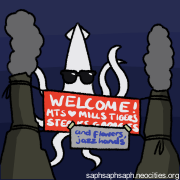 Digital drawing of the Monitor standing behind a banner which reads "Welcome MTs, Mills, Tigers, Steaks, Garages" with a taped-on addition "and Flowers, Jazz Hands".