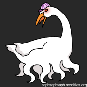 Digital drawing of Sutton Bishop, an eldritch goose wearing a Flowers ballcap, honking with a red glow in its eye.