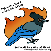 Digital drawing of August Sky, a Stellar Jay who is on fire (it doesn’t appear to hurt her). Text beside her reads "The risk I took was calculated but man am I bad at math".