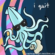 Digital drawing of the Monitor wearing sunglasses in front of the Supernova Eclipse background. Text beside them reads, "i quit".