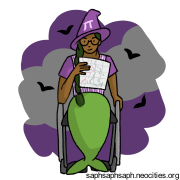 Digital drawing of Scores Baserunner wearing a witch hat and holding a map.