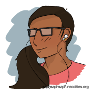 Digital drawing of a headshot of Campos Arias listening to wired earbuds with her hair tied in a ponytail.