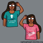 Digital drawings of Campos Arias modelling t-shirts reading "My eyes are up here" and "I like my women how I like my keyboards - mechanical"