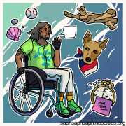 Digital drawing of Fenry Marlow. They are waving while self-propelling their wheelchair. Smaller images depict a service dog, an antique watch and driftwood.