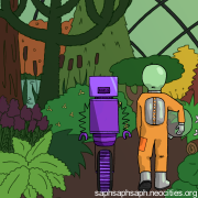 Digital drawing of Lila and ROR-1 (Rori) walking through a large hothouse full of colourful plants.