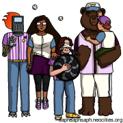 Digital drawing of Kathy Mathews, Campos Arias, Lowe Forbes, Dervin Gorcyzca and Baby Doyle, wearing a mixture of Jazz Hands and Flowers uniforms.
