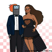 Digital drawing of Campos Arias and Kathy Mathews. Both are dressed formally and are linking arms.