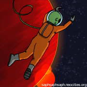 Digital drawing of Lila, an alien child wearing a spacesuit, floating in space above a red planet.