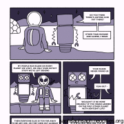 Digital comic portraying Lila, an alien child wearing a space suit, and ROR-1 (Rori), a robot child.