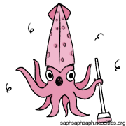 Digital drawing of Squid Broom, a squid holding a janitor’s broom.